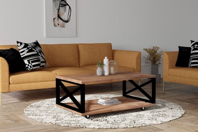 Moderne 2-etages salontafel van notenhout met metalen frame