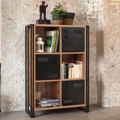 Boekenkast Sapphire - 89x35x127cm - 3 deuren - zwart metaal/eikdecor