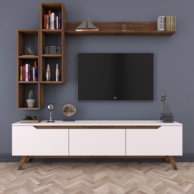 Modern TV-meubel met planken met melamine coating | Wit notenhout Modern TV-meubel met planken met melamine coating | Wit notenhout