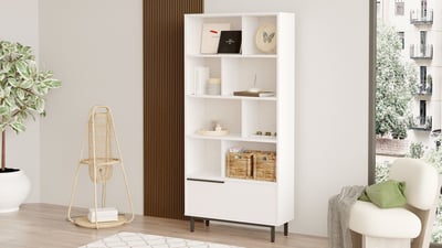 Woody Fashion boekenplank - 100% melamine coating, metalen poten, wit. Woody Fashion boekenplank - 100% melamine coating, metalen poten, wit.
