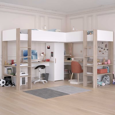 Dubbele hoogslaper Alexandrie - 90x200 - met bureau - eik/wit