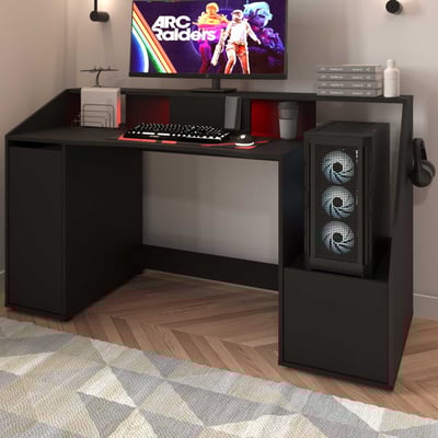 Gamingbureau Iron - 163x67x95cm - met opbergruimte - zwart