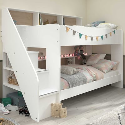 Stapelbed Lester 90x200 met opbergruimte - wit/eik Stapelbed Lester 90x200 met opbergruimte - wit/eik