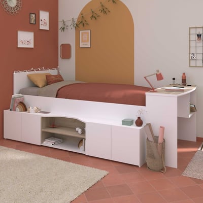 Kinderbed Clio 90x200 met opbergruimte en bureau - wit/eikdecor