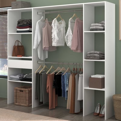 Kledingkast Botan 198cm, 6 legplanken, 2 kledingroedes & 1 lade - wit