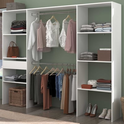 Kledingkast Botan 220cm, 6 legplanken, 2 kledingroedes & 1 lade - wit