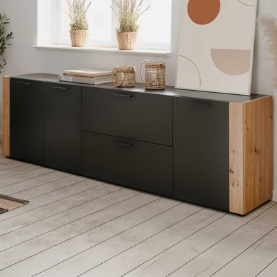Dressoir Cento - 198x34x61cm - 3 deuren & 2 lades - antraciet/artisan eikdecor