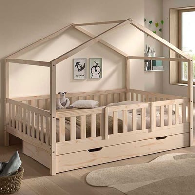 Huisbed Dallas - 140x200cm - met beveiliging en bedlade - massief dennenhout