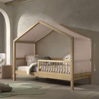 Huisbed Forrest 90x200 met uitvalbeveiliging en bedtent - beukenhout/roze Huisbed Forrest 90x200 met uitvalbeveiliging en bedtent - beukenhout/roze