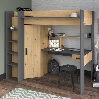 Hoogslaper met bureau Hervé 90x200 - artisan eik/grijs Hoogslaper met bureau Hervé 90x200 - artisan eik/grijs