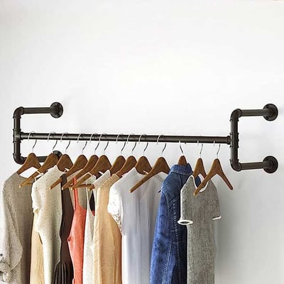 Wandgemonteerd kledingrek Set van 2, industriële pijp opknoping bar