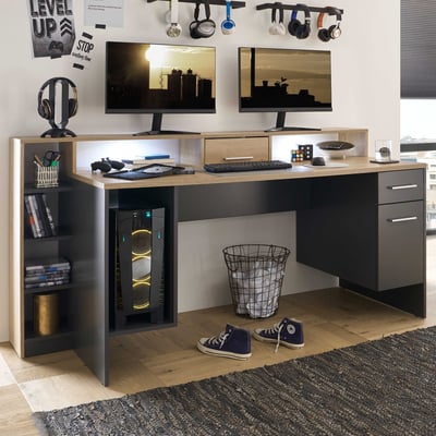 Gaming bureau Tudi incl. verlichting - grijs/hout