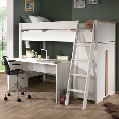 Hoogslaper London 90x200 met kast en bureau - wit Hoogslaper London 90x200 met kast en bureau - wit