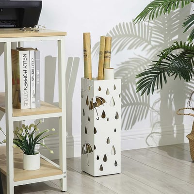 Metalen paraplubak met dienblad en haken 15,5x15,5x49cm Wit Metalen paraplubak met dienblad en haken 15,5x15,5x49cm Wit