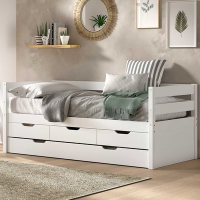 Kajuitbed Maggie - met 3 opberglades en bedlade - 90 x 200 - massief dennenhout - wit