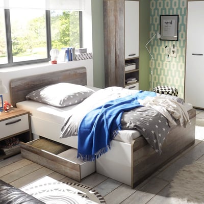 Bed Petrus 140x200 met 2 lades - wit/drijfhout