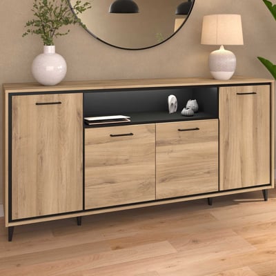 Dressoir Oskar - 180x40x86cm - 4 deuren - met verlichting - eikdecor/zwart