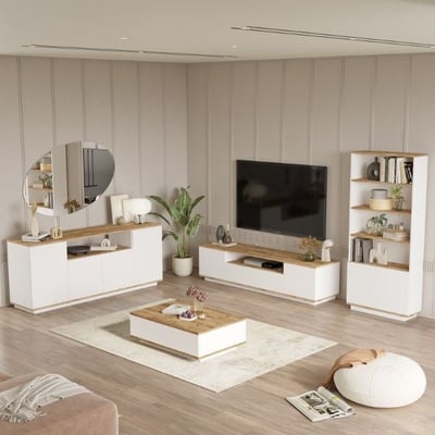 Woonkamerset Woody Fashion | tv-meubel, salontafel, boekenkast en dressoir | Atlantic Pine White Woonkamerset Woody Fashion | tv-meubel, salontafel, boekenkast en dressoir | Atlantic Pine White