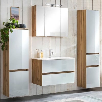 Badkamerset Helsinki | Wastafelkast, spiegelkast, hangkast, kolomkast | Wotan Oak/wit-design