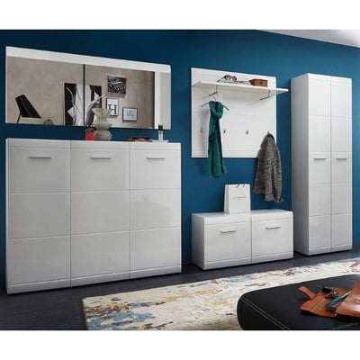 Garderobeset Allan | Schoenenkast, halbank, wandspiegel, wandpaneel, garderobekast | Wit