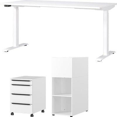Kantoorset Hermoso | Bureautafel, roomdivider en ladekast | Hoogte elektrisch verstelbaar | Wit