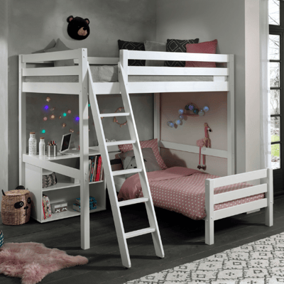 Hoogslaper Claire 140 x 200cm met bed Anne 90x200cm en boekenkast - wit Hoogslaper Claire 140 x 200cm met bed Anne 90x200cm en boekenkast - wit