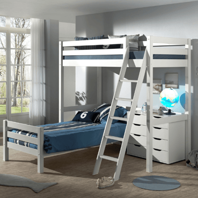 Hoogslaper Claire met bed Anne 90x200cm en ladenkast - wit Hoogslaper Claire met bed Anne 90x200cm en ladenkast - wit