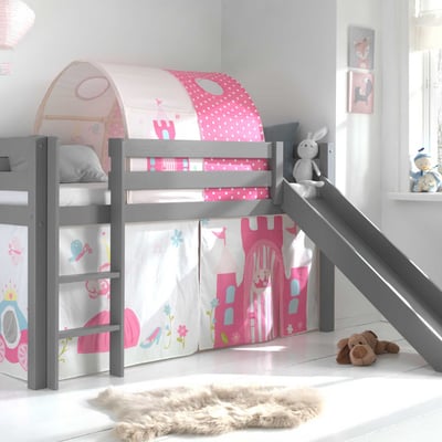 Halfhoogslaper met glijbaan Astrid met bedtent & bedtunnel Princess II - grijs Halfhoogslaper met glijbaan Astrid met bedtent & bedtunnel Princess II - grijs