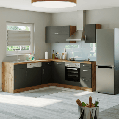 Kitchenette L-vorm Sorrella 210cm met ruimte voor oven en vaatwas - antraciet/eik Kitchenette L-vorm Sorrella 210cm met ruimte voor oven en vaatwas - antraciet/eik