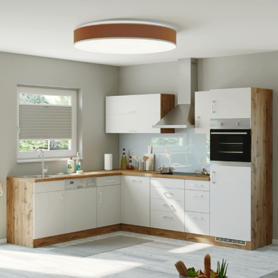 Kitchenette L-vorm Sorrella 270cm met oven, vaatwas en koelkast - wit/eik Kitchenette L-vorm Sorrella 270cm met oven, vaatwas en koelkast - wit/eik