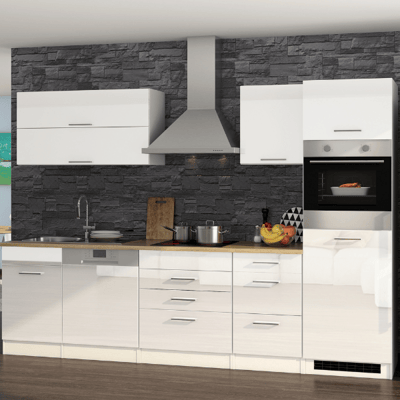 Kitchenette Ragnar 300cm met vaatwas, koelkast en oven - hoogglans wit Kitchenette Ragnar 300cm met vaatwas, koelkast en oven - hoogglans wit