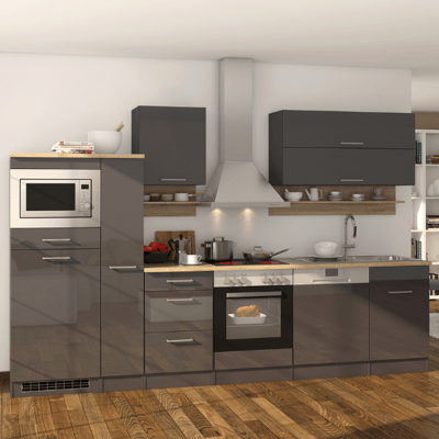Kitchenette Ragnar 310cm met magnetron, koelkast, oven en vaatwas - hoogglans antraciet