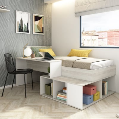Bed Quinn 90x200 cm met bureau en opbergruimte - grenen/ wit Bed Quinn 90x200 cm met bureau en opbergruimte - grenen/ wit