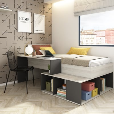 Bed Quinn 90x200 cm met bureau en opbergruimte - grenen/grijs Bed Quinn 90x200 cm met bureau en opbergruimte - grenen/grijs