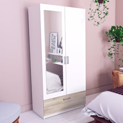 Kleerkast Ryan 2 draaideuren, 3 legplanken, 1 kledingroede en 1 lade-Kronberg eik/mat wit