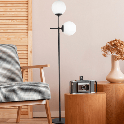 Opviq Vloerlamp | Metalen Behuizing | Glazen Kap | 34x15cm | 174cm Hoogte | Zwarte Kleur