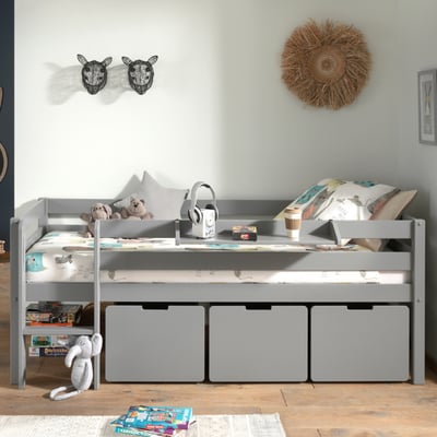 Halfhoogslaper Pip 90x200 cm met 3 lades en 1 hangplank-grijs Halfhoogslaper Pip 90x200 cm met 3 lades en 1 hangplank-grijs