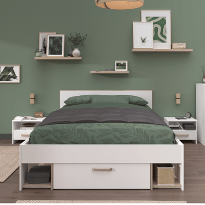 Tweepersoonsbed Sueno 140x200cm met opbergruimte - wit/eikdecor