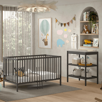 Peuterkamer Dino: peuterbed 70x140cm en verzorgingstafel - antraciet dennenhout Peuterkamer Dino: peuterbed 70x140cm en verzorgingstafel - antraciet dennenhout