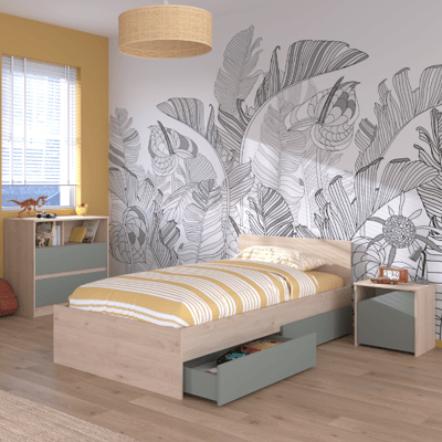 Kinderkamer Shelby: bed 90x200 met bedlades, commode, nachtkastje - eikdecor/groen Kinderkamer Shelby: bed 90x200 met bedlades, commode, nachtkastje - eikdecor/groen