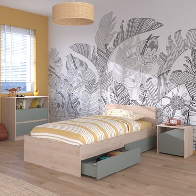 Kinderkamer Shelby: bed 90x190 met bedlades, commode, nachtkastje - eikdecor/groen Kinderkamer Shelby: bed 90x190 met bedlades, commode, nachtkastje - eikdecor/groen