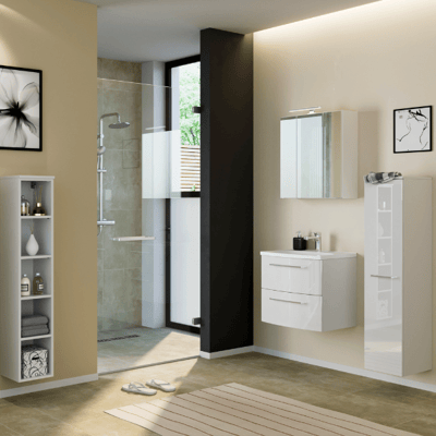 Badkamer Gene: rekje, spiegelkast, wastafelmeubel, kolomkast - (hoogglans) wit