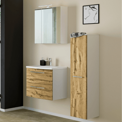Badkamer Gene: spiegelkast, wastafelmeubel, kolomkast - wit/eik
