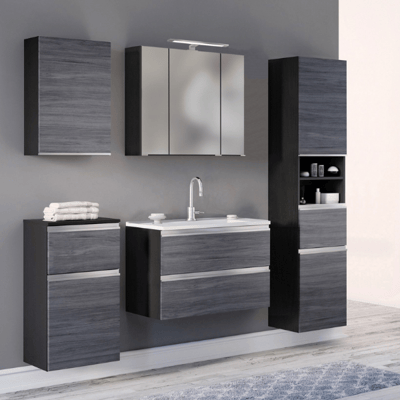 Badkamer Lotuk: hangkastjes, spiegelkast, wastafelmeubel, kolomkast - grijze eik Badkamer Lotuk: hangkastjes, spiegelkast, wastafelmeubel, kolomkast - grijze eik