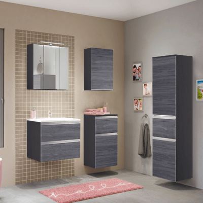 Badkamer Lotuk: hangkastjes, spiegelkast, wastafelmeubel, kolomkast - grijze eik