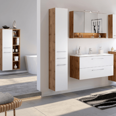 Badkamer Sefa: spiegelkast, wastafelmeubel, 2x kolomkast, rek - eik/wit