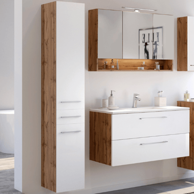 Badkamer Sefa: spiegelkast, wastafelmeubel, kolomkast - eik/wit Badkamer Sefa: spiegelkast, wastafelmeubel, kolomkast - eik/wit
