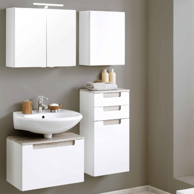 Badkamer Siena: spiegelkast, wastafelonderkast, hangkastjes - hoogglans wit Badkamer Siena: spiegelkast, wastafelonderkast, hangkastjes - hoogglans wit