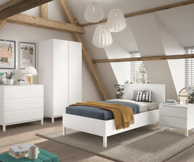 Tienerkamer Eva: bed 90x200cm, nachtkastje, kleerkast, commode - wit