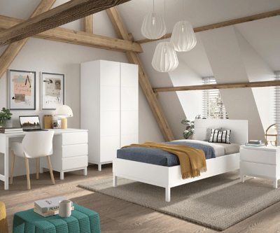 Tienerkamer Eva: bed 90x200cm, nachtkastje, kleerkast, bureau - wit